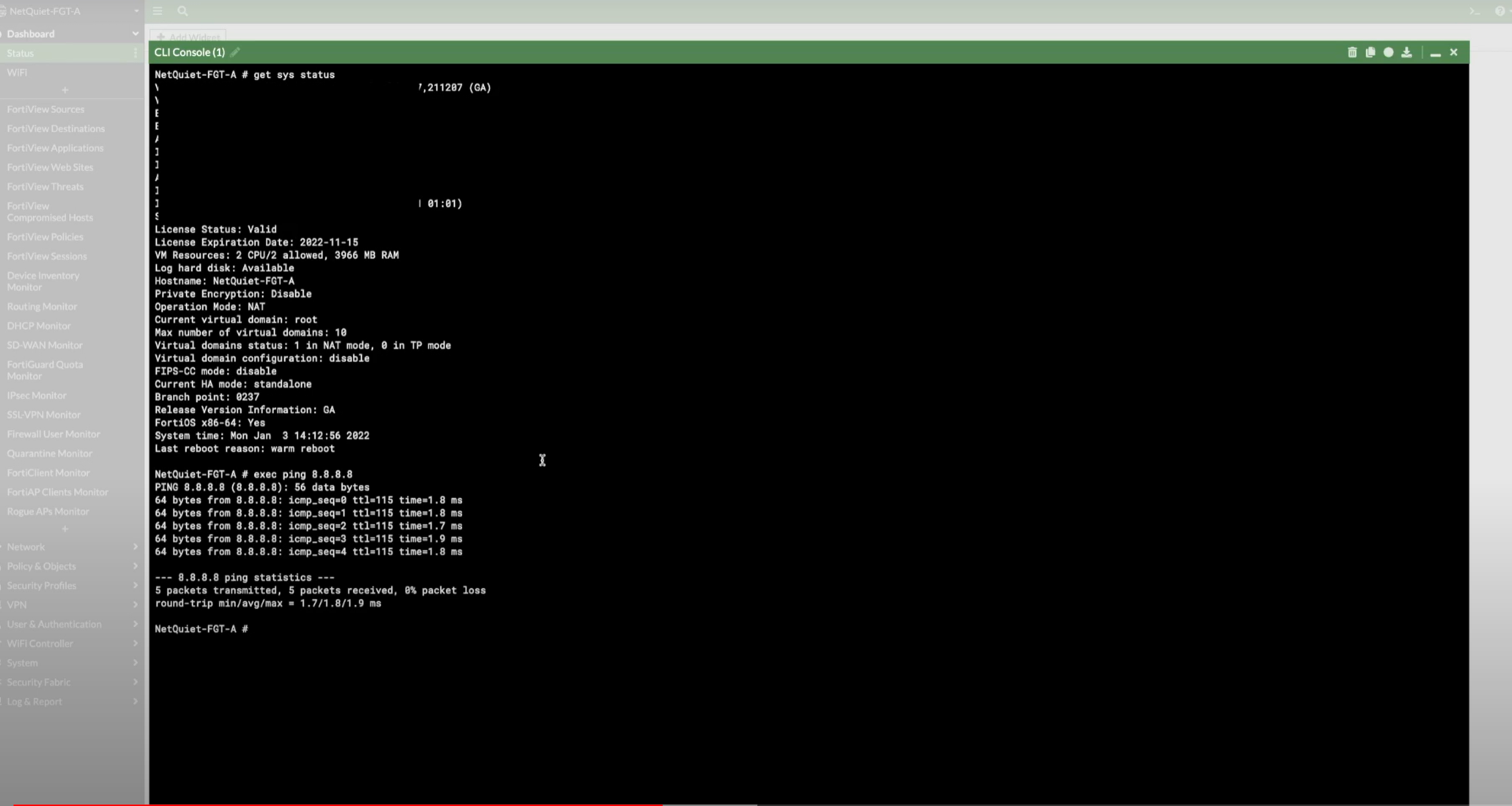 Testing internet via FortiGate console