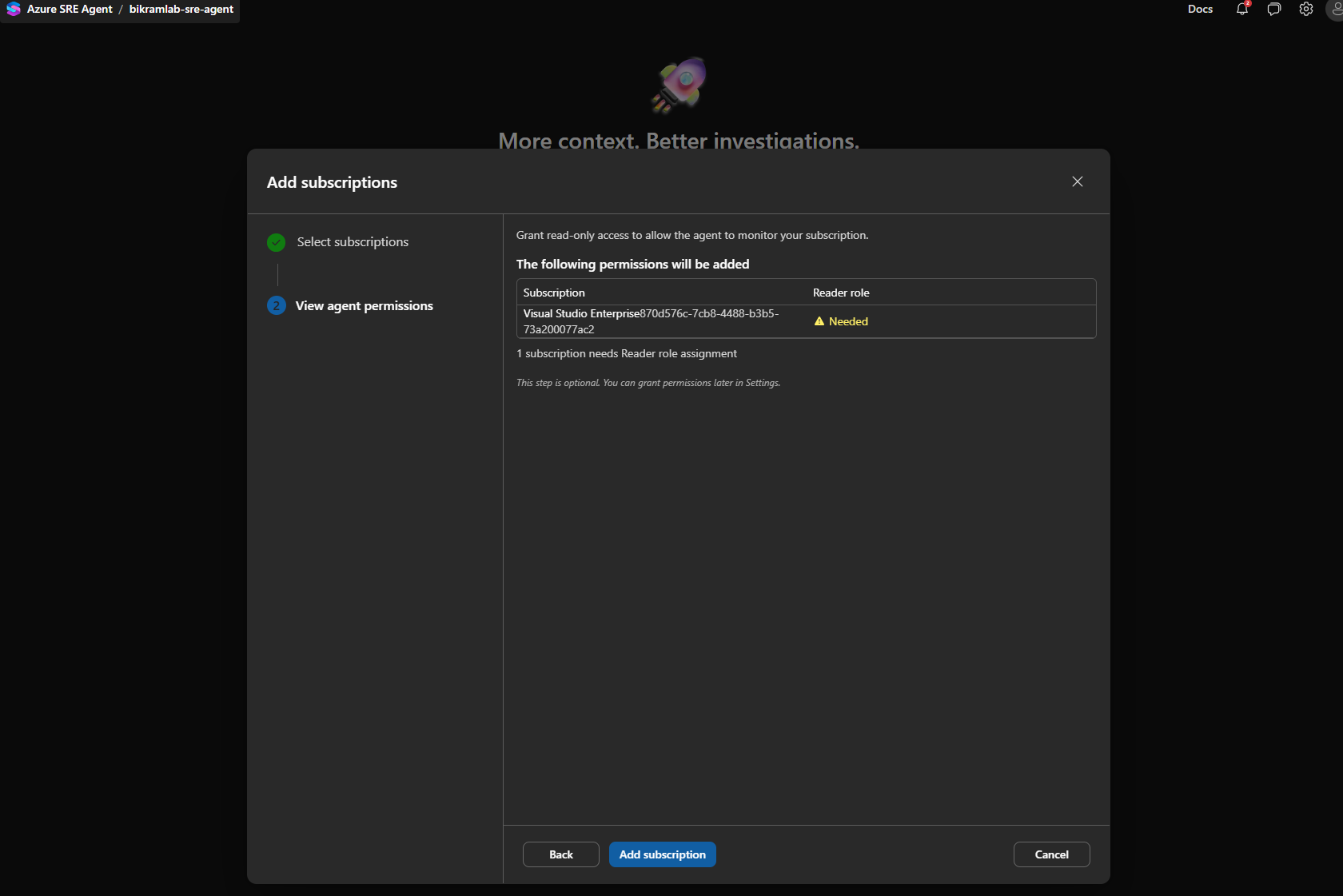 The permissions step showing one subscription needing a Reader role assignment