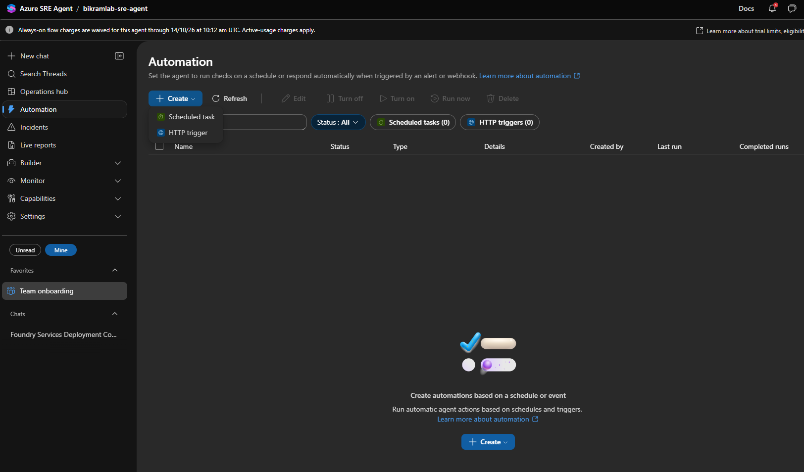 The Automation page with the Create menu open showing scheduled task and HTTP trigger