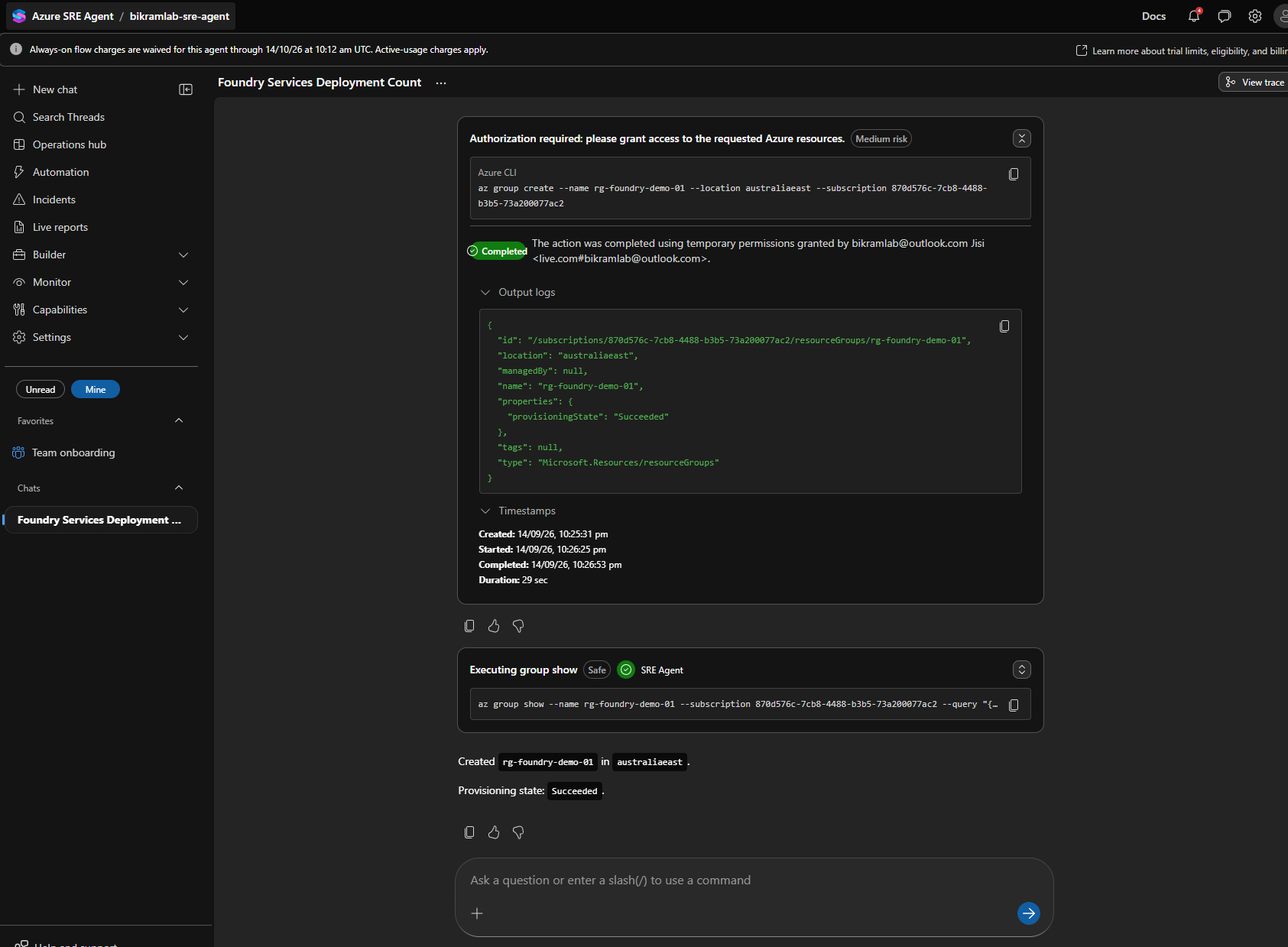 The completed action with the resource group JSON in the output logs and a 29 second duration
