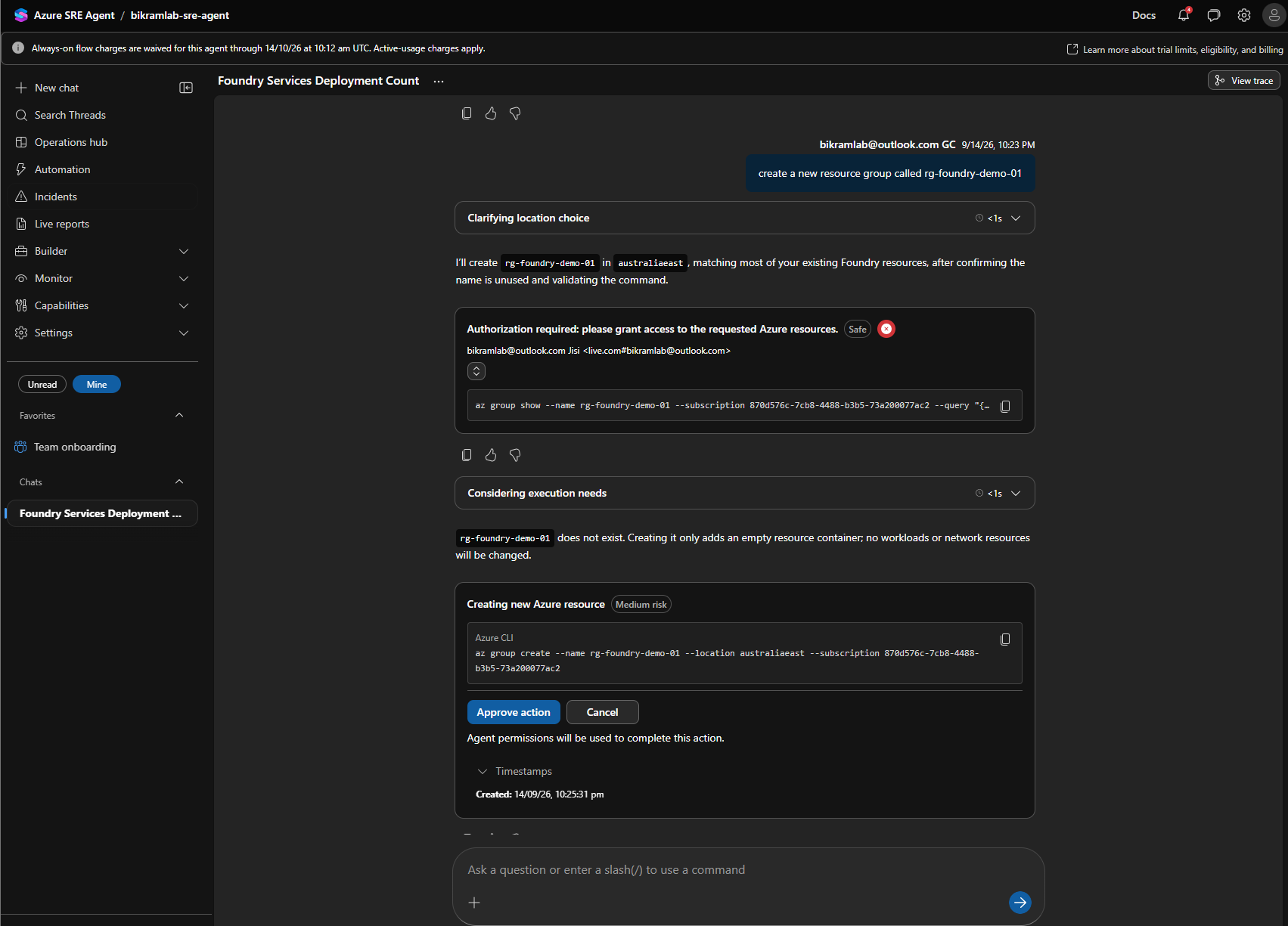 The proposed az group create command with an Approve action button and a medium risk tag