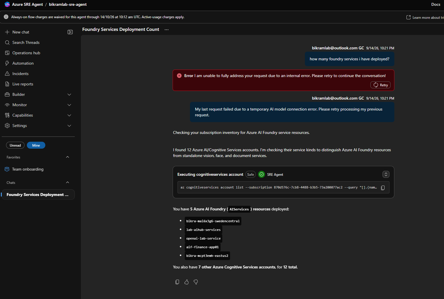 The agent answering a question about Foundry resources by running an az cognitiveservices command