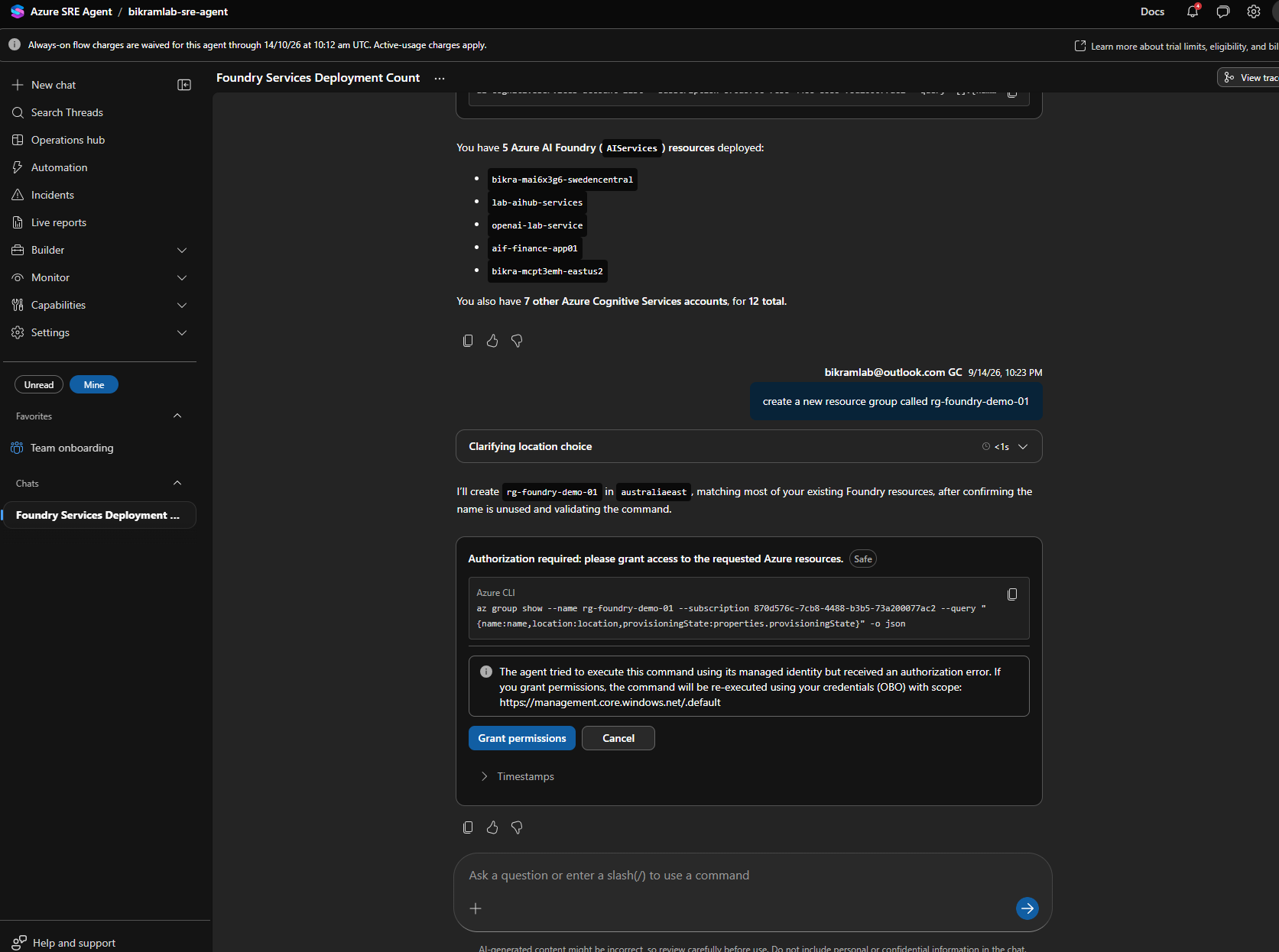 The agent asking for permission to re-run a read command using the signed in user's credentials