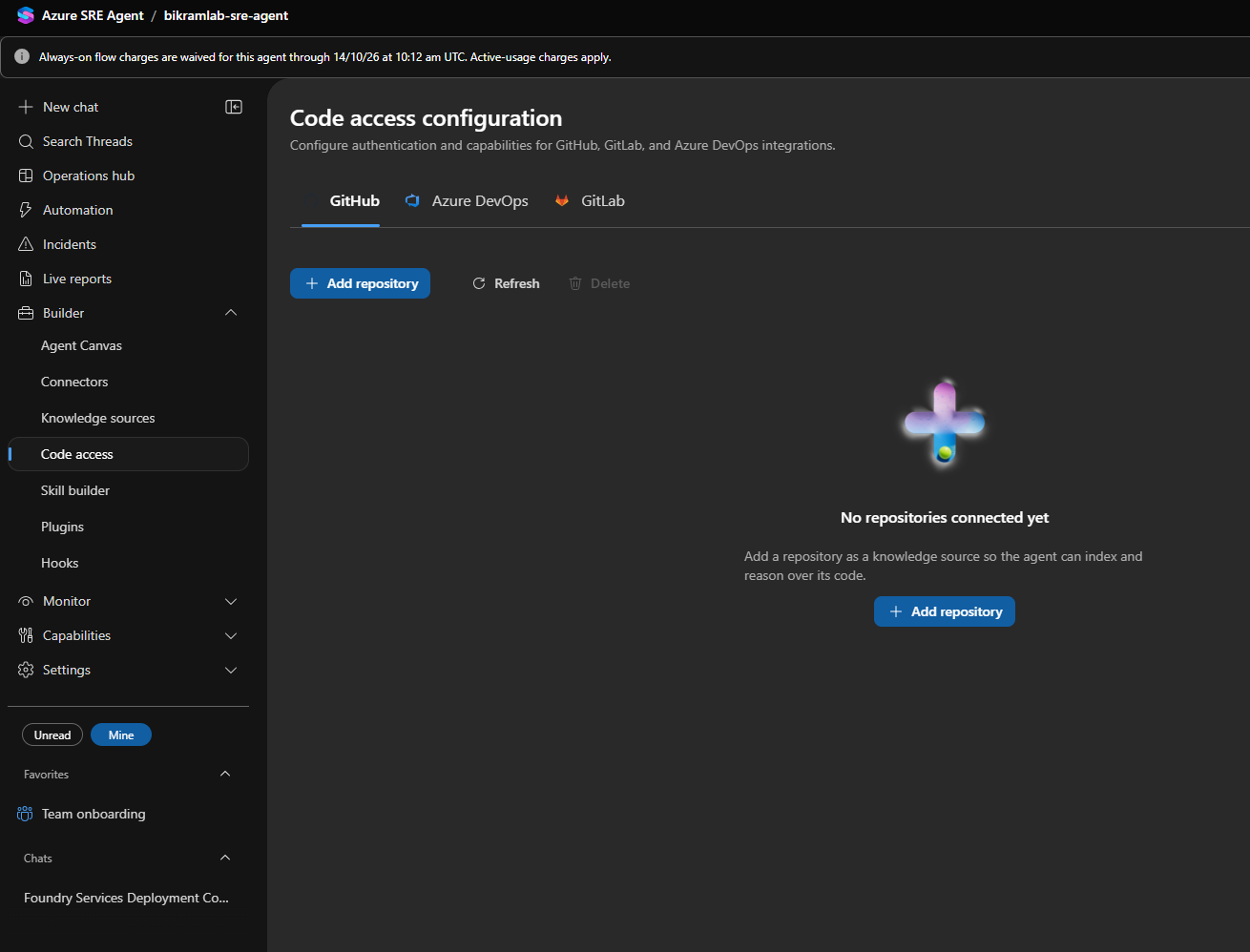 The code access configuration page with GitHub, Azure DevOps, and GitLab tabs