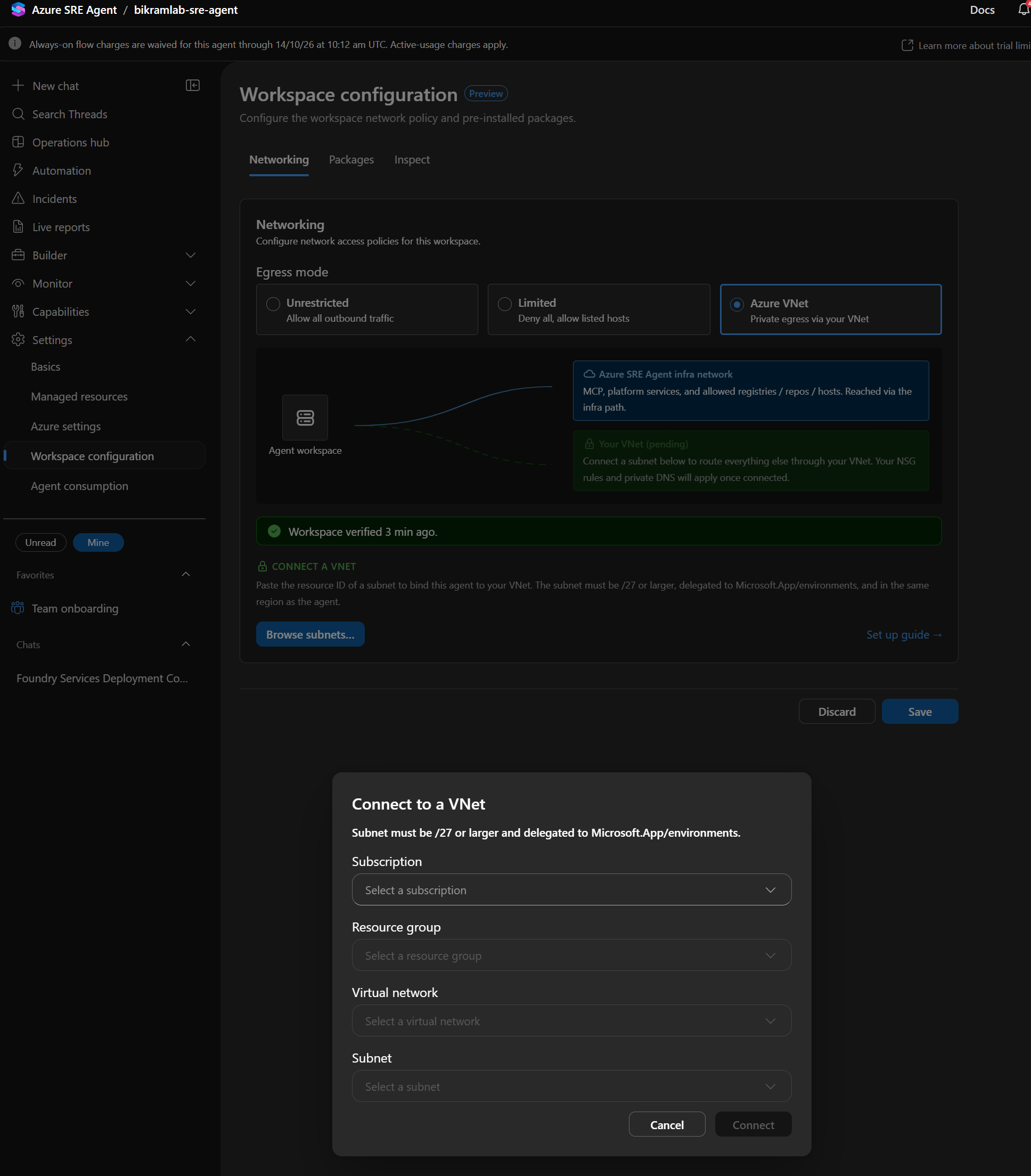 The connect to a VNet dialog with subscription, resource group, virtual network, and subnet pickers
