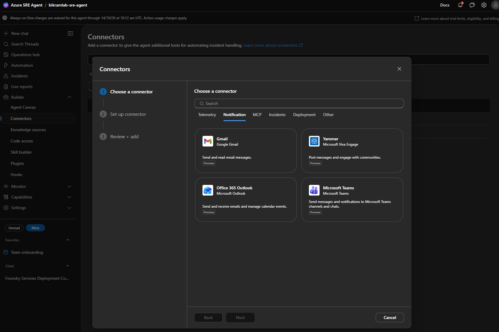 The connector catalogue showing the Notification group