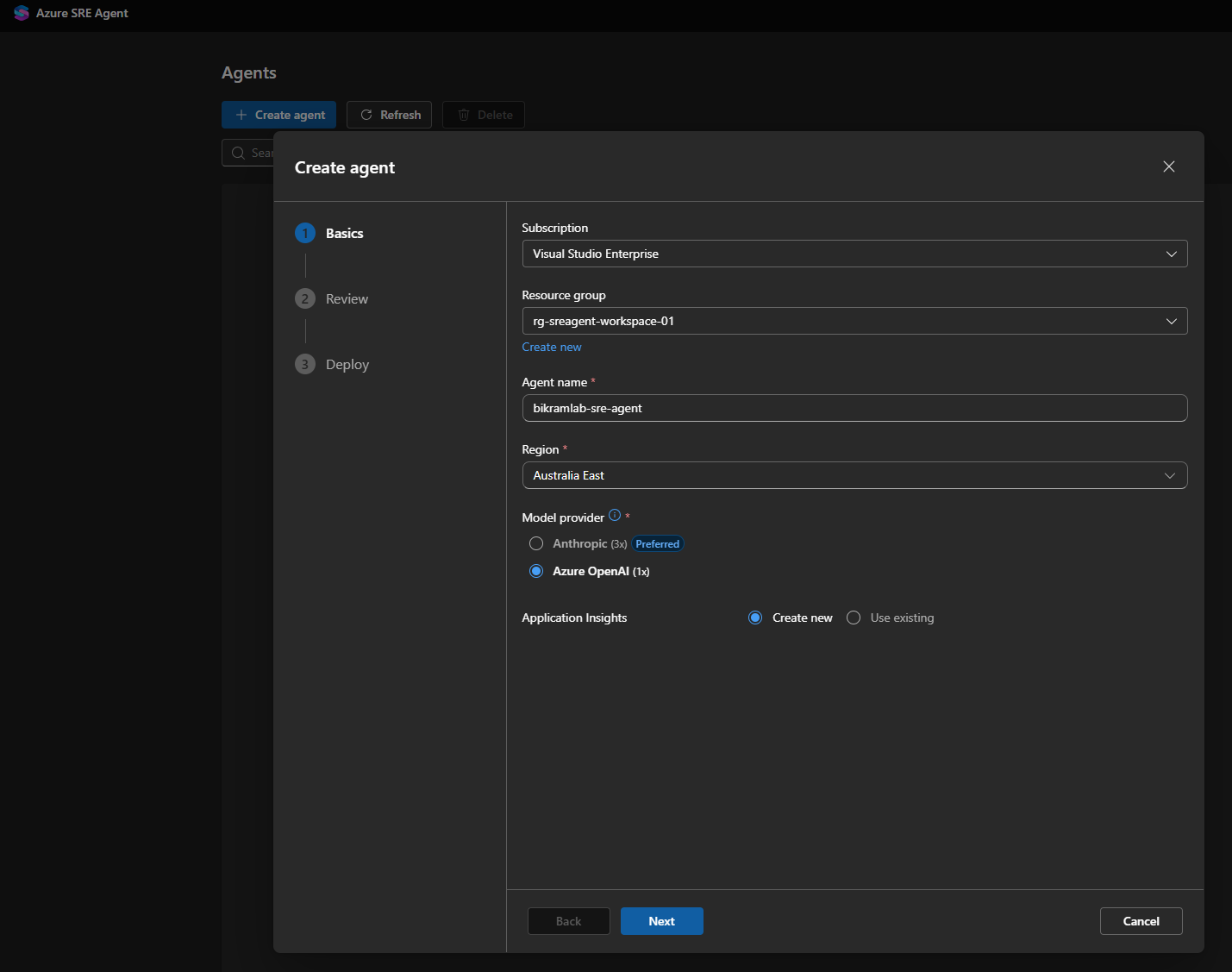 The Create agent wizard Basics tab with name, region, and model provider set