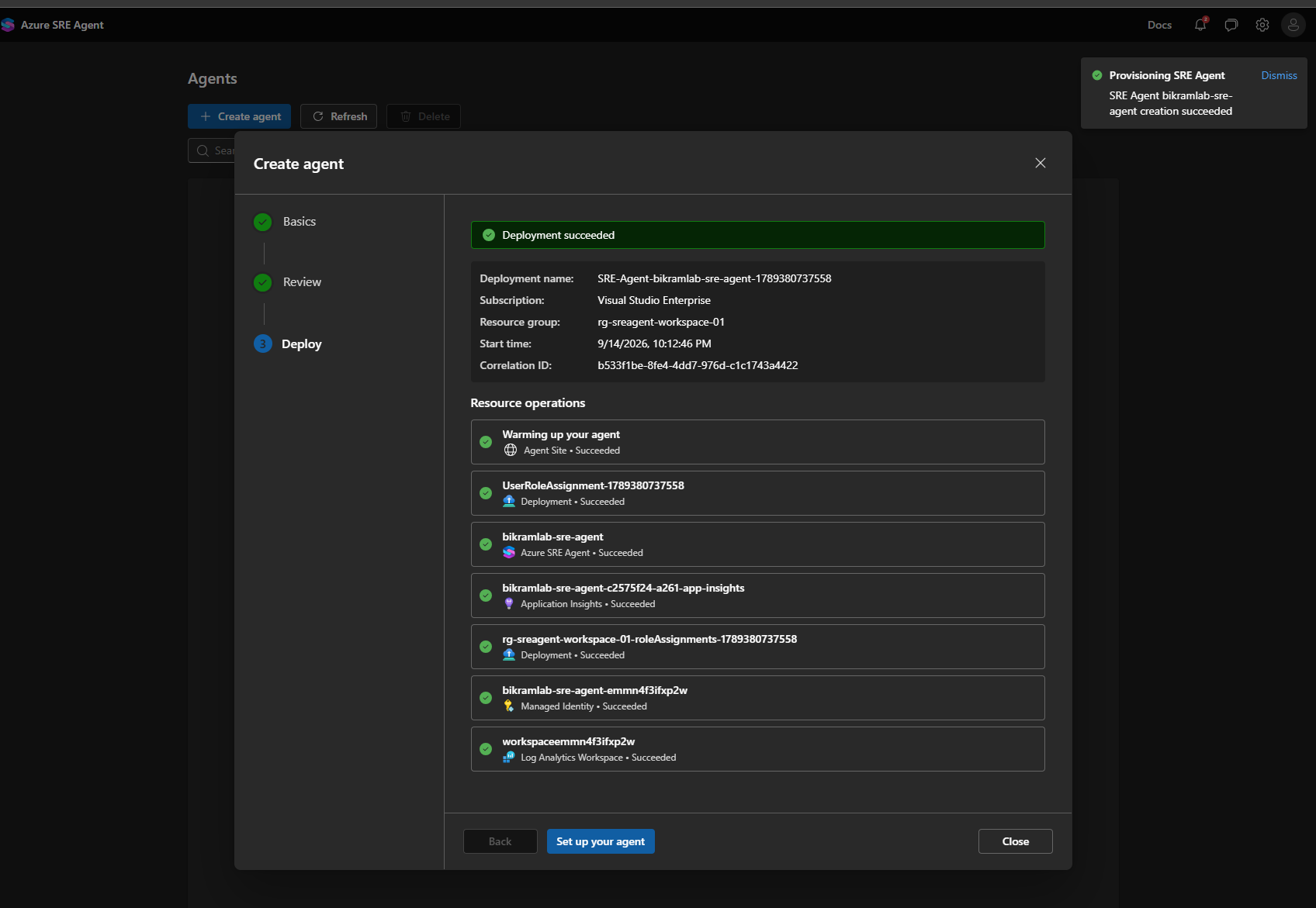 Deployment succeeded with all seven resource operations listed