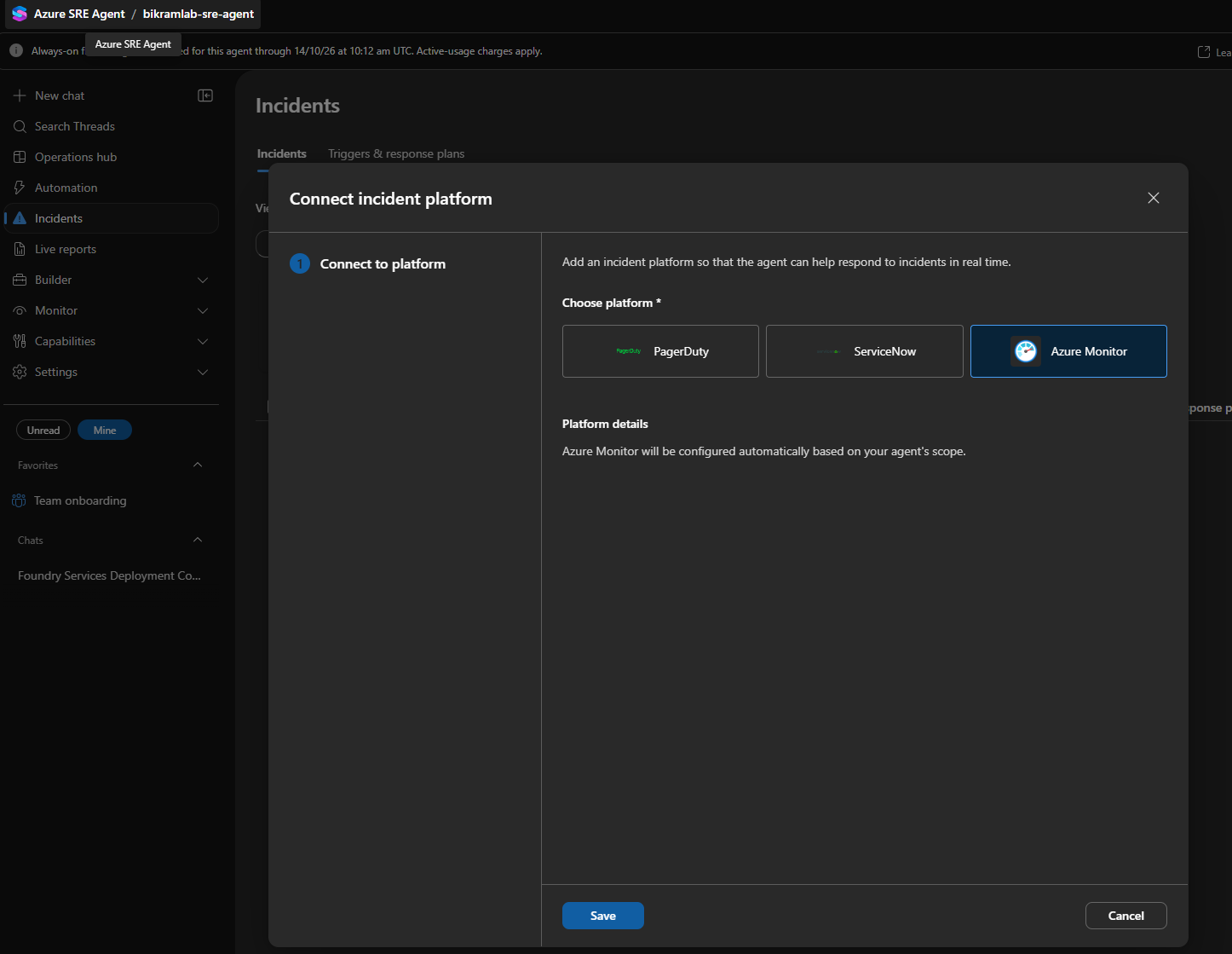 The connect incident platform dialog with PagerDuty, ServiceNow, and Azure Monitor