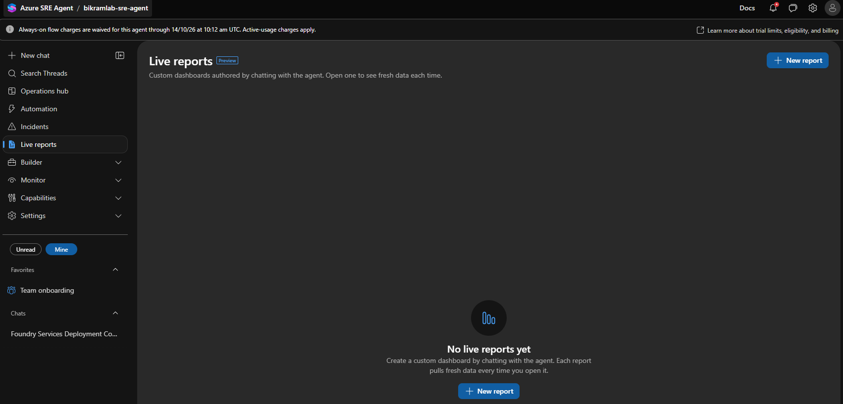 The empty Live reports page with a new report button