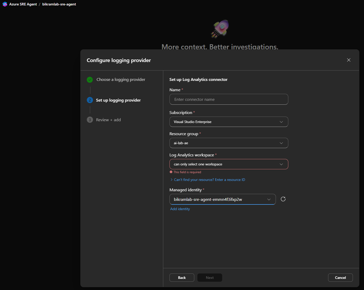 The Log Analytics connector form with the workspace field flagged as required