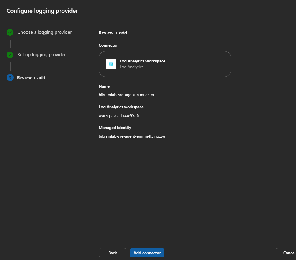 Review and add showing the connector name, workspace, and managed identity