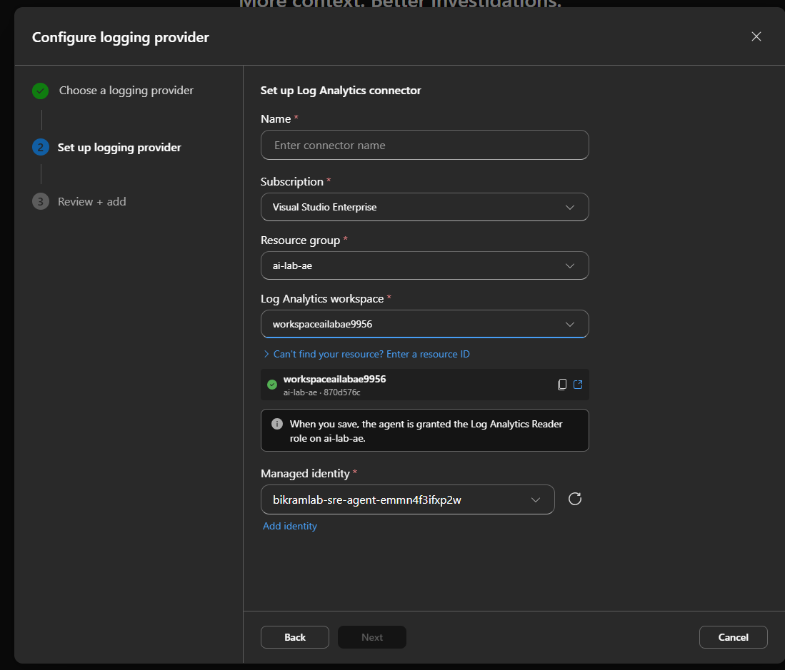 The connector form noting that the agent will be granted Log Analytics Reader on the resource group