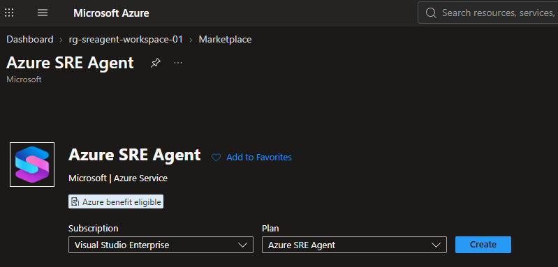 The Azure SRE Agent marketplace offer with the subscription and plan selected