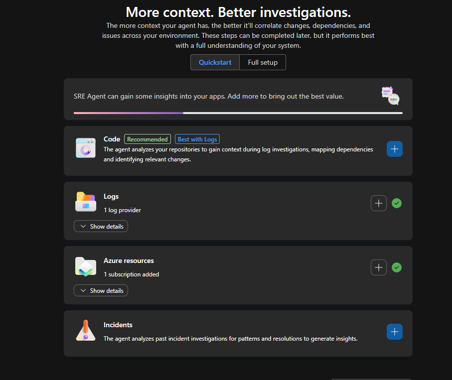 Onboarding progress with Logs and Azure resources both marked complete