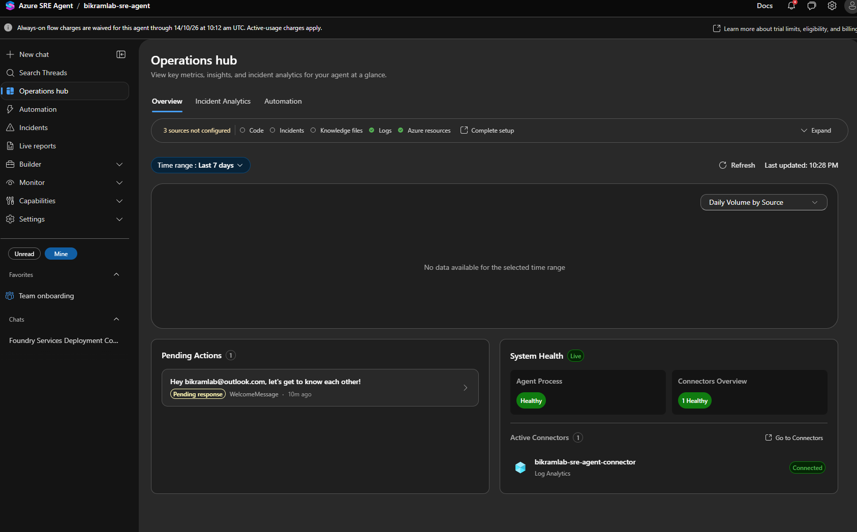 The Operations hub overview with source status, pending actions, and system health