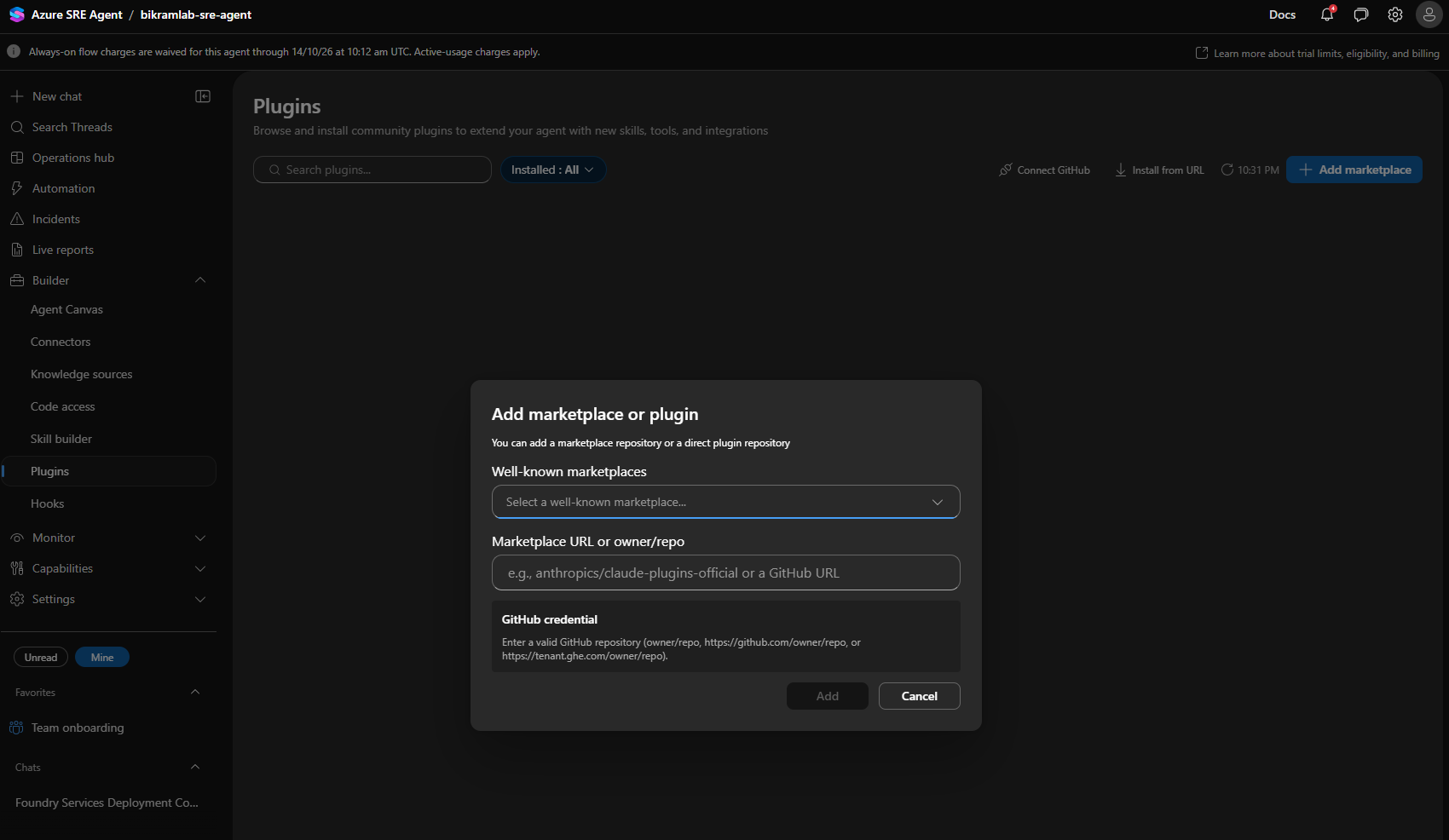 The add marketplace or plugin dialog over the plugins page