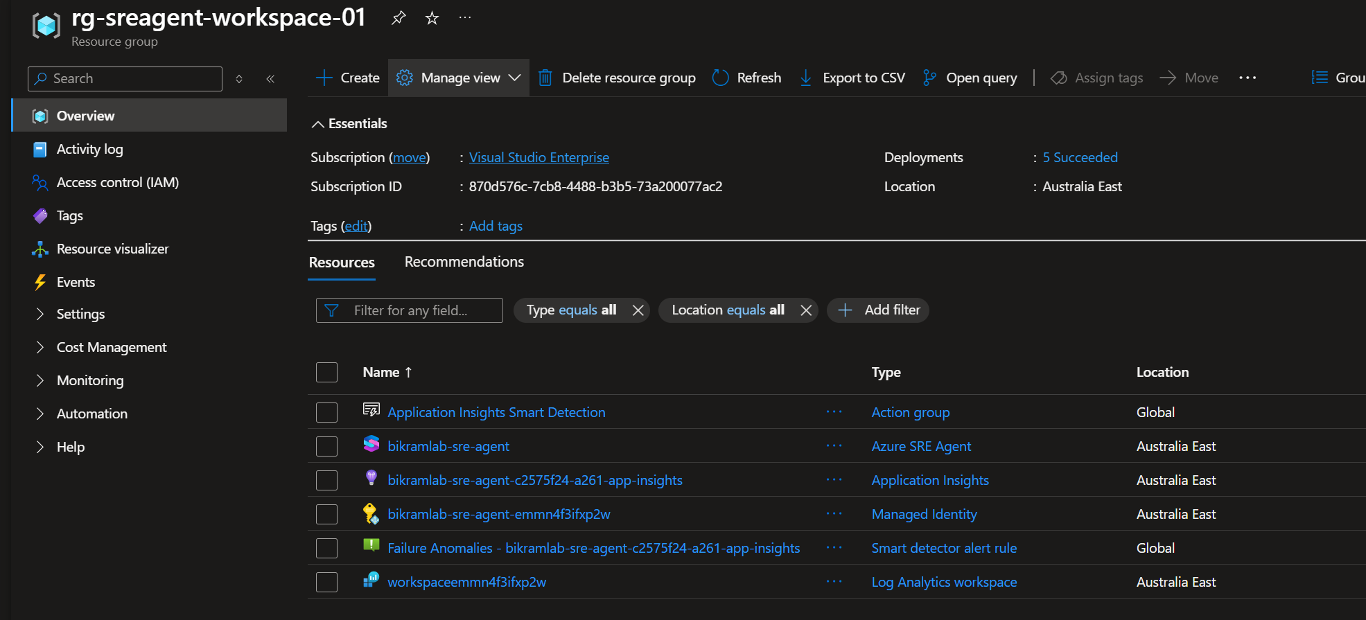 The resource group listing the agent, App Insights, managed identity, Log Analytics workspace, and the two smart detection resources