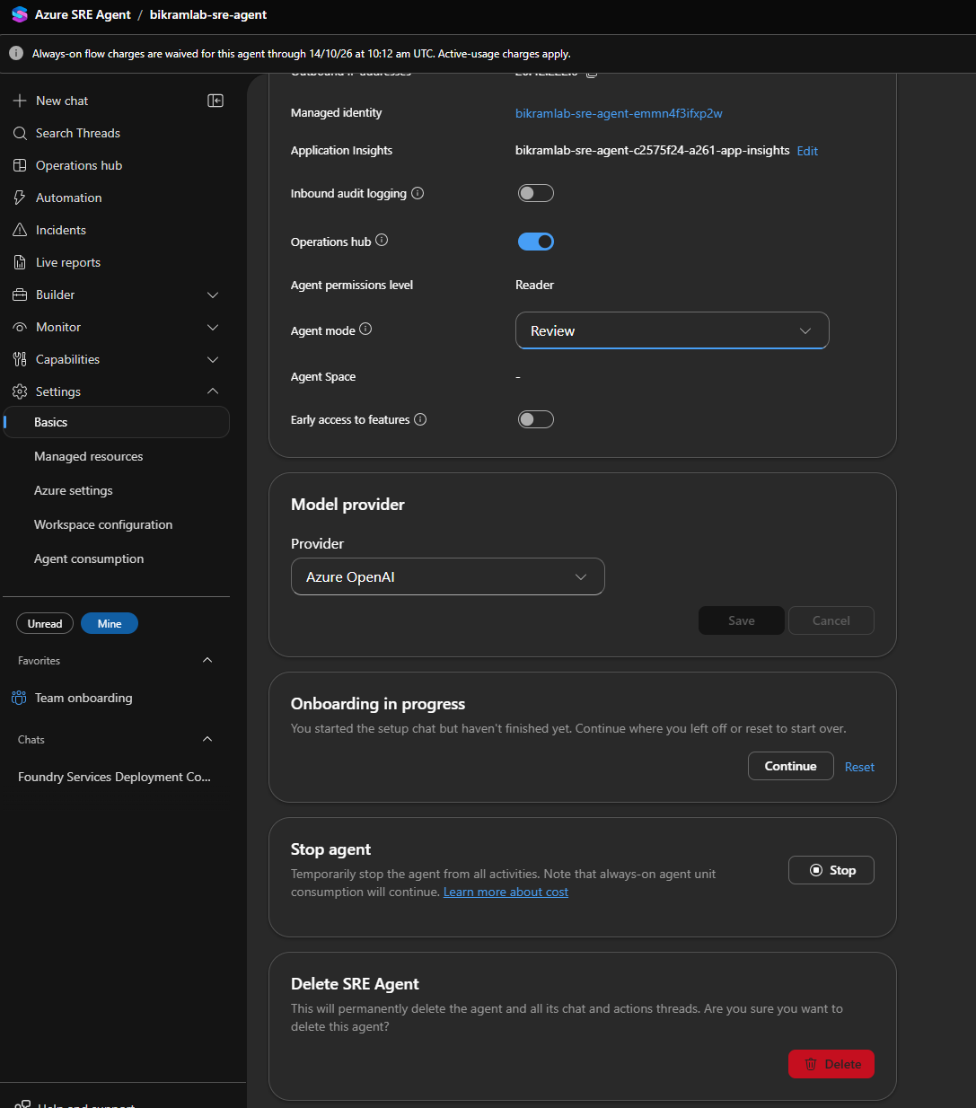 The stop agent and delete agent sections of the settings page