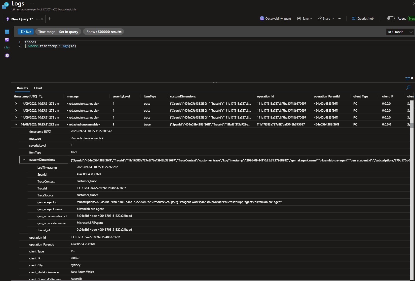 Application Insights traces with the gen_ai custom dimensions expanded