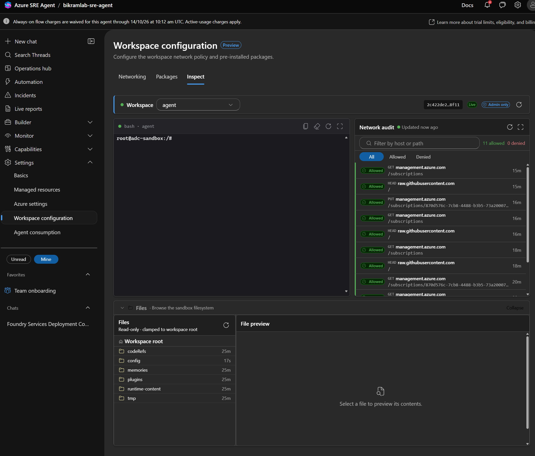 The inspect tab with the workspace shell, network audit list, and sandbox file browser