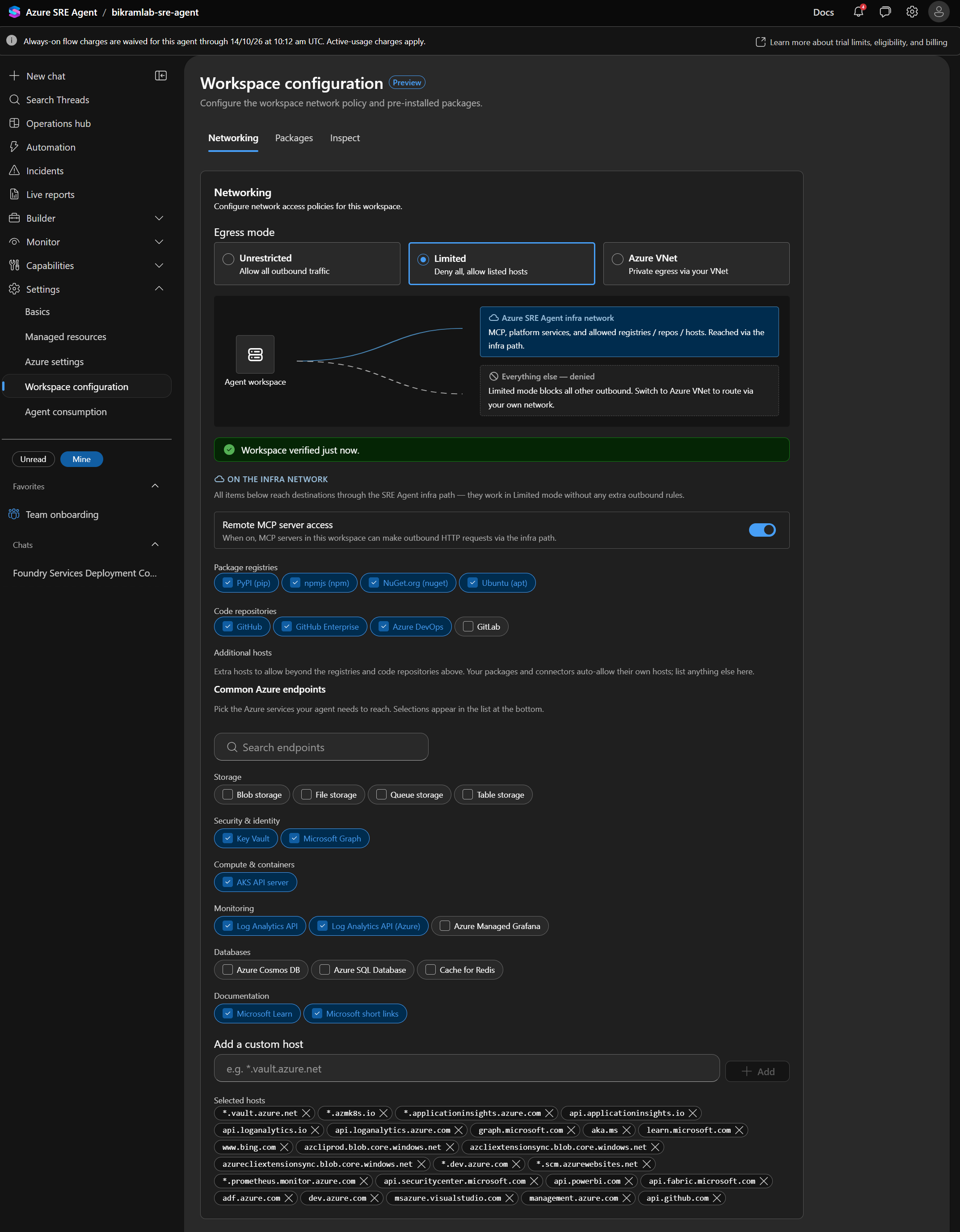 The networking tab in Limited mode with the infra network toggles and selected host chips