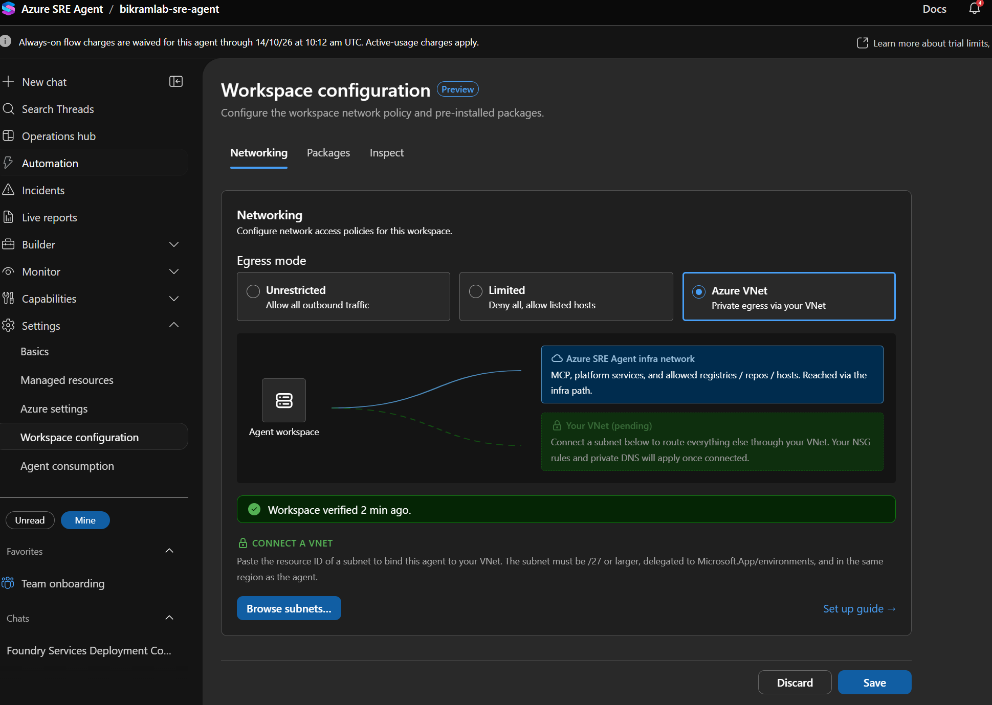 The networking tab with Azure VNet selected and the VNet pending